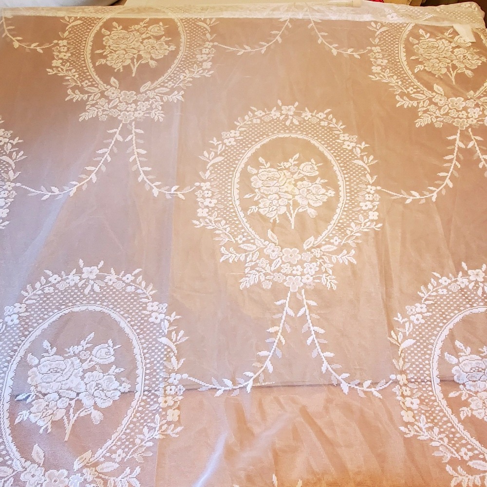 2 Vintage Lace Curtain Panels Sheer Floral Eggshell Ruffled Edge Medallion Rose